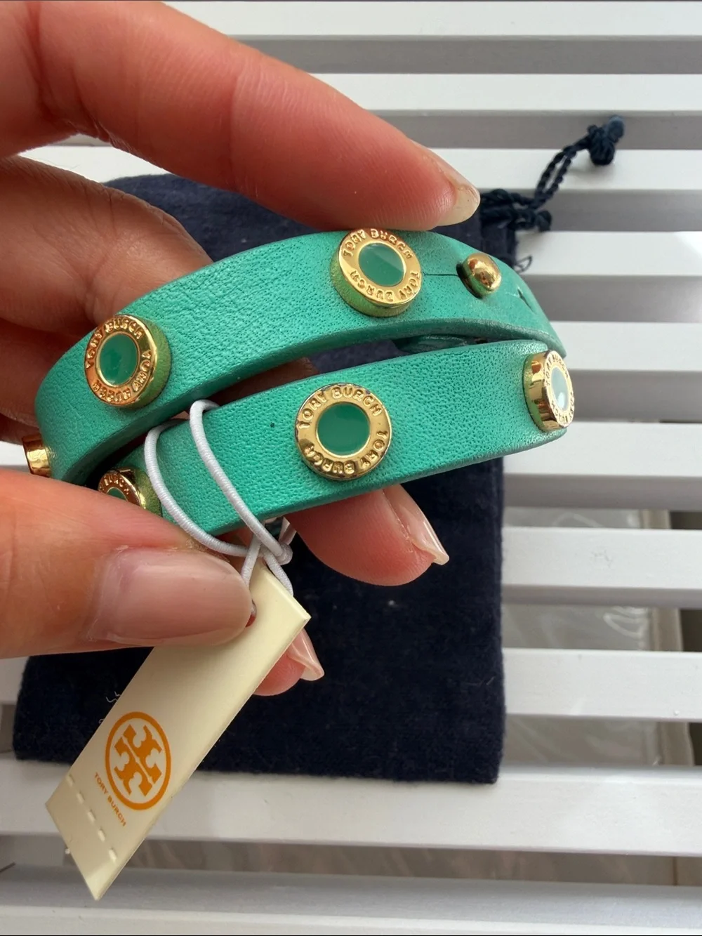 Tory Burch NWT Turquoise Double-Wrap Leather Bracelet with Gold-Tone Studs